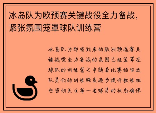 冰岛队为欧预赛关键战役全力备战，紧张氛围笼罩球队训练营